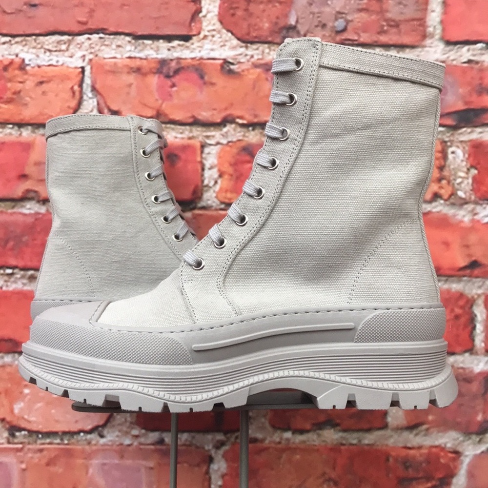 Free People Camp Out Canvas Lace-Up Boots in Dove Grey
